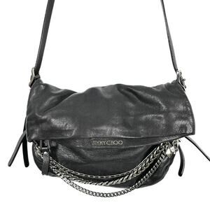 Jimmy Choo Black Leather Chain-Link Hobo Crossbody Bag